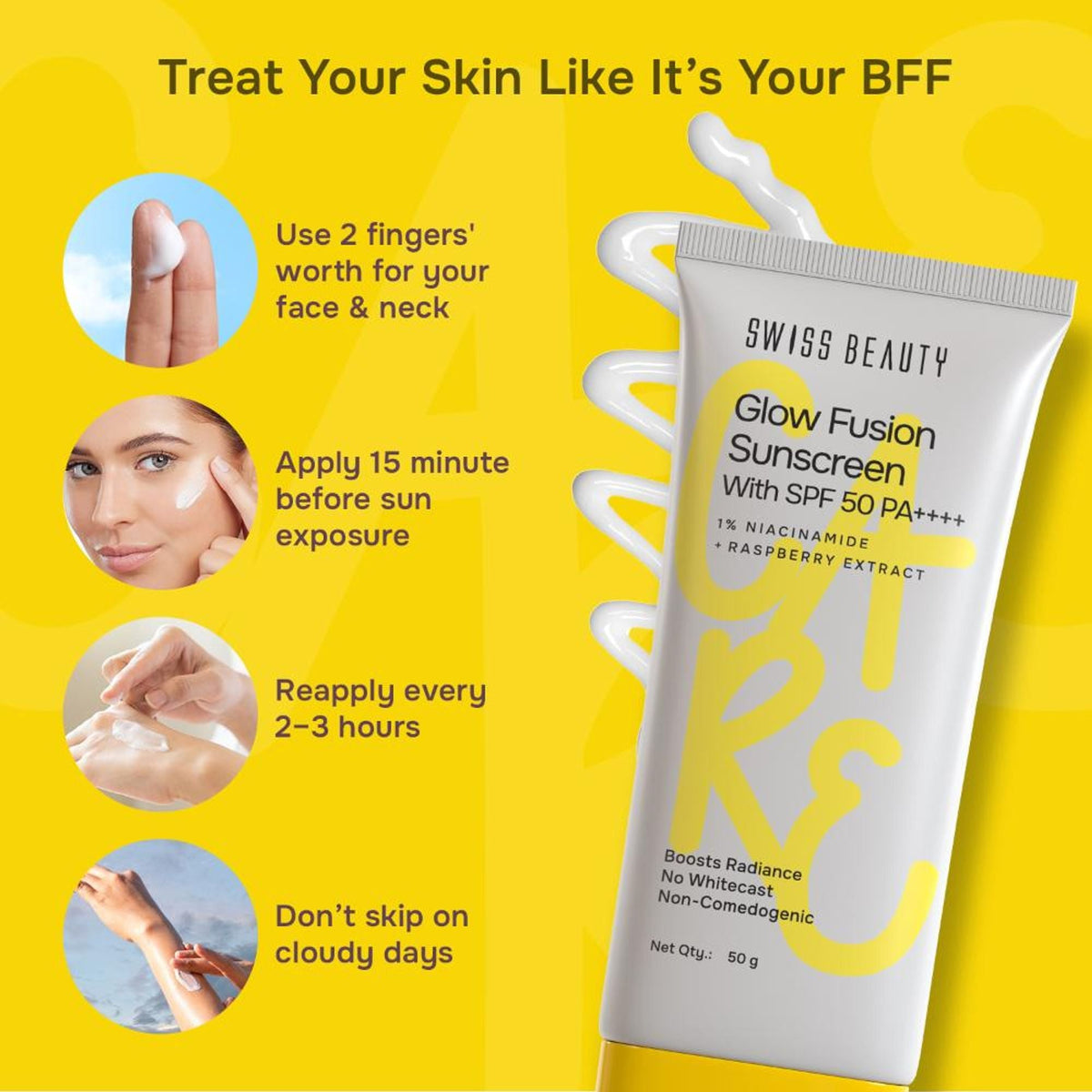Swiss Beauty Care Glow Fusion Sunscreen SPF 50 PA++++ - 1% Niacinamide & Raspberry Extract | Grocsy