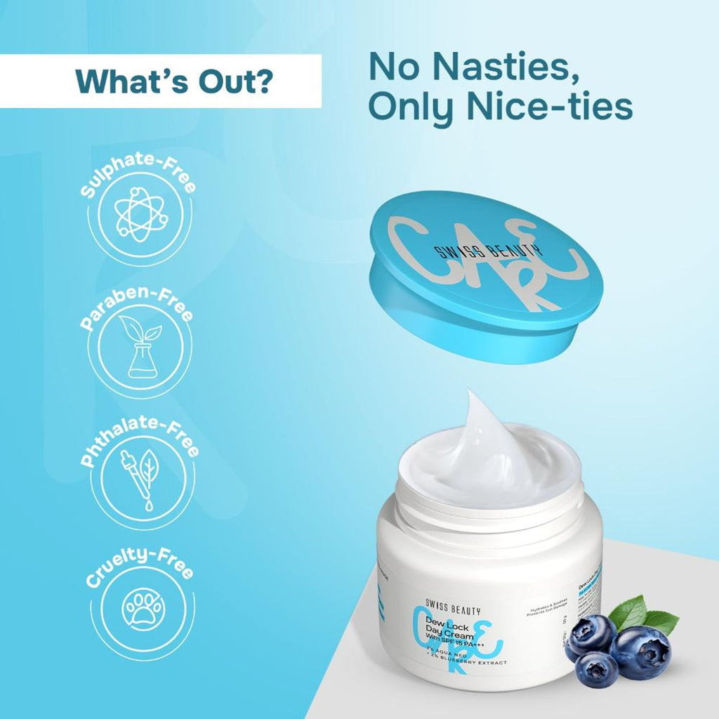 Swiss Beauty Care Dew Lock Day Cream With SPF 15+++ - 2% Aqua Neo & 2% Blueberry Extract | Grocsy