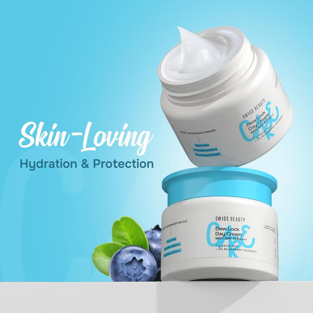 Swiss Beauty Care Dew Lock Day Cream With SPF 15+++ - 2% Aqua Neo & 2% Blueberry Extract | Grocsy