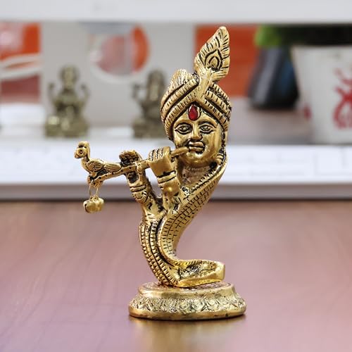 KridayKraft Pagdi Krishna with Playing Flute Idol, Gold-Toned Metal Decorative Showpiece | Grocsy