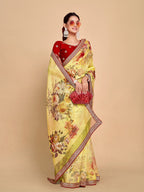 Sangria Floral Printed Embroidered Organza Saree | Grocsy