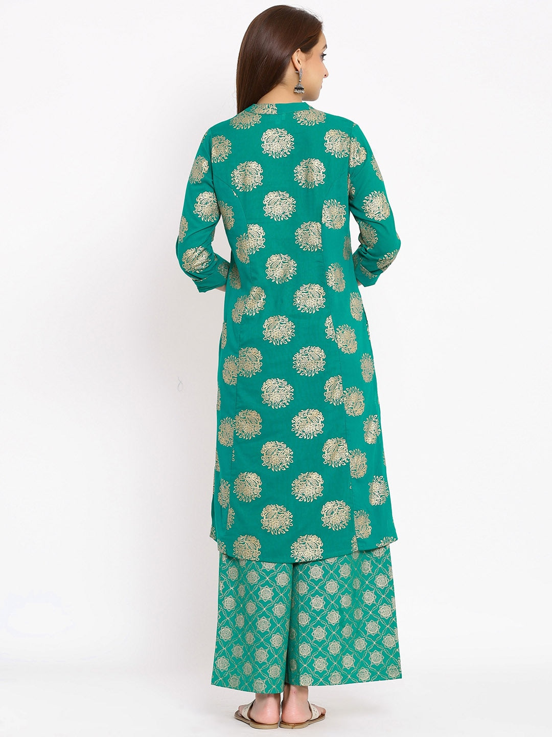 HERE&NOW Green Mandarin Collar Ethnic Motifs Printed A-Line Kurta | Grocsy