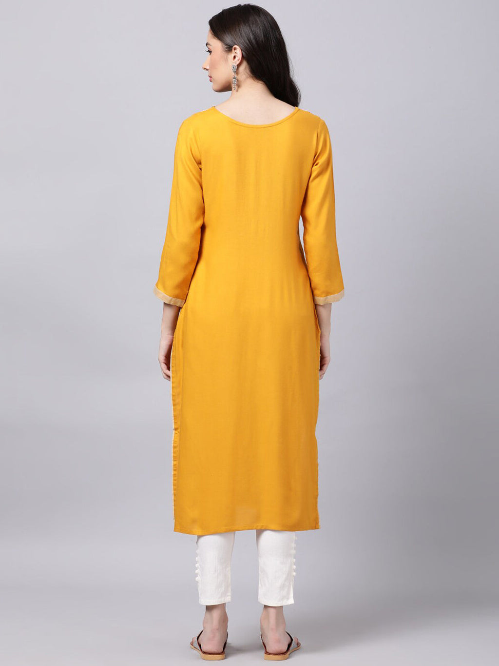 Souchii Women Tan & White Geometric Yoke Design Thread Work Grandeur & Majestic Artwork Kurta | Grocsy