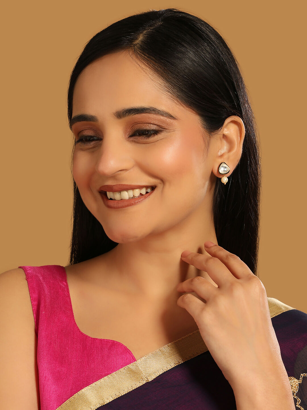 Nuyug 22K Gold Plated Kundan Stone Ethnic Mini Pearl Drop Studs | Grocsy