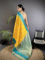 Joban Fashion Yellow Banarasi Soft Silk Woven Saree | Grocsy