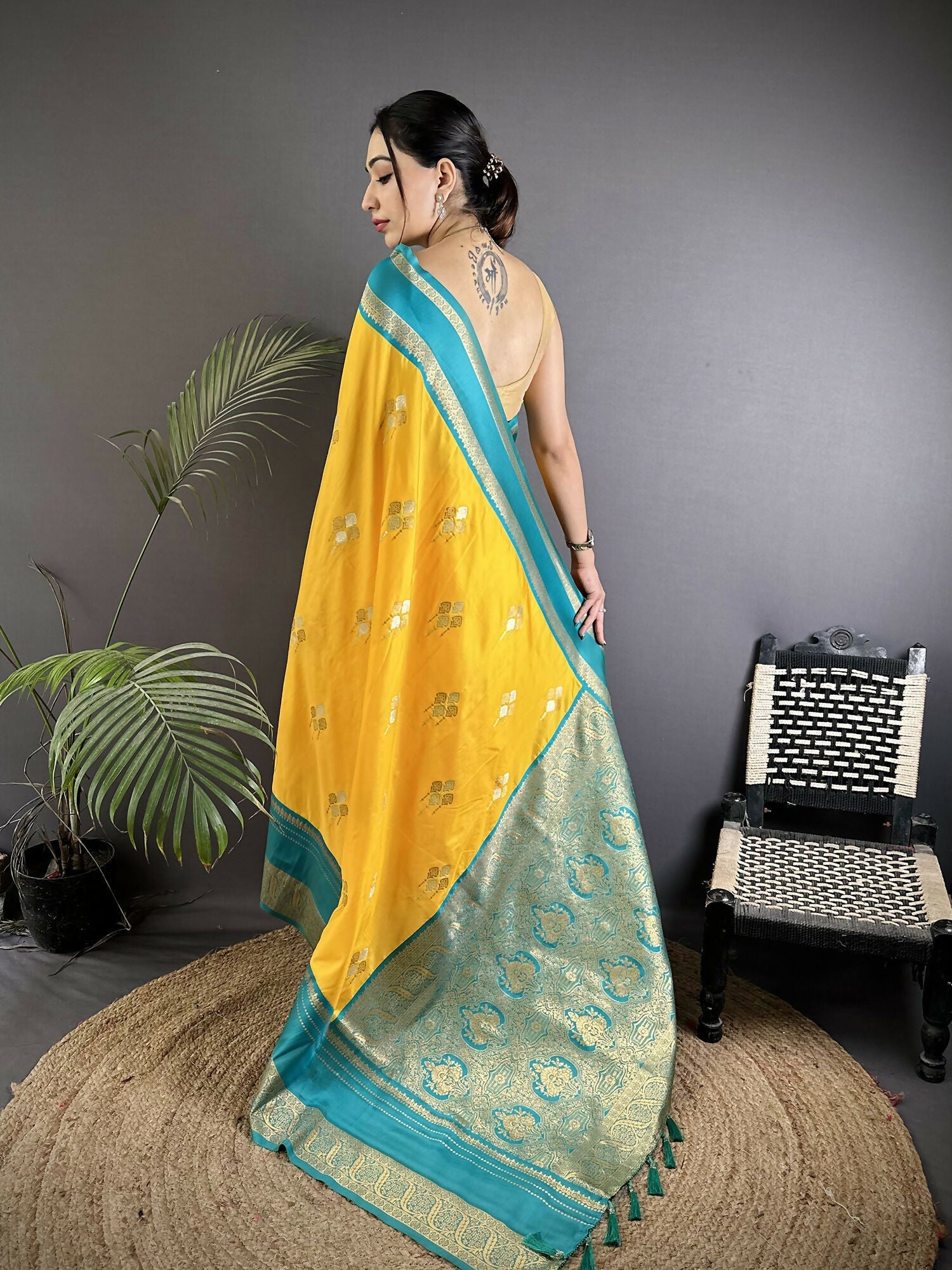 Joban Fashion Yellow Banarasi Soft Silk Woven Saree | Grocsy