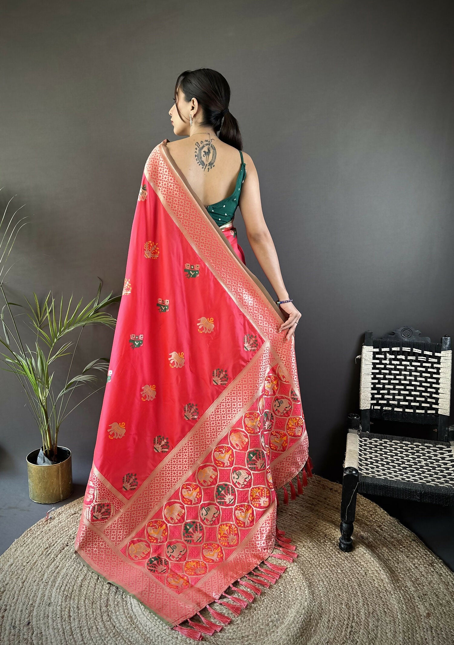 Joban Fashion Peach Elephant & Floral Motifs Soft Lichi Silk Banarasi Saree | Grocsy
