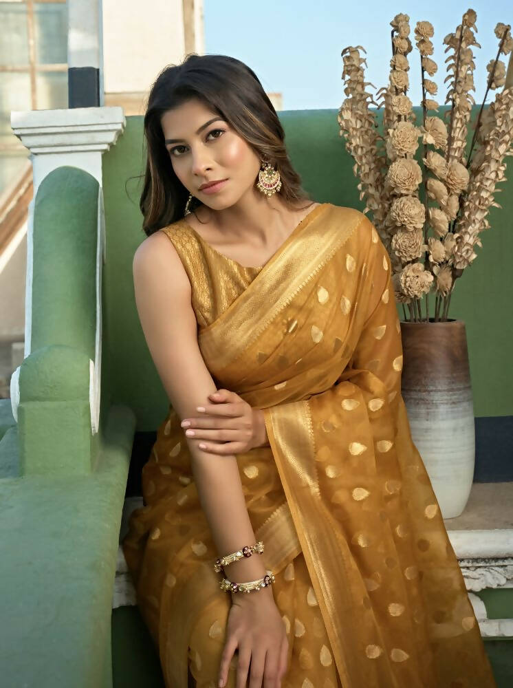 Delightful Designer Light Yellow Color Organza Silk Saree With Weaving Work - Yomika Fashions | Grocsy
