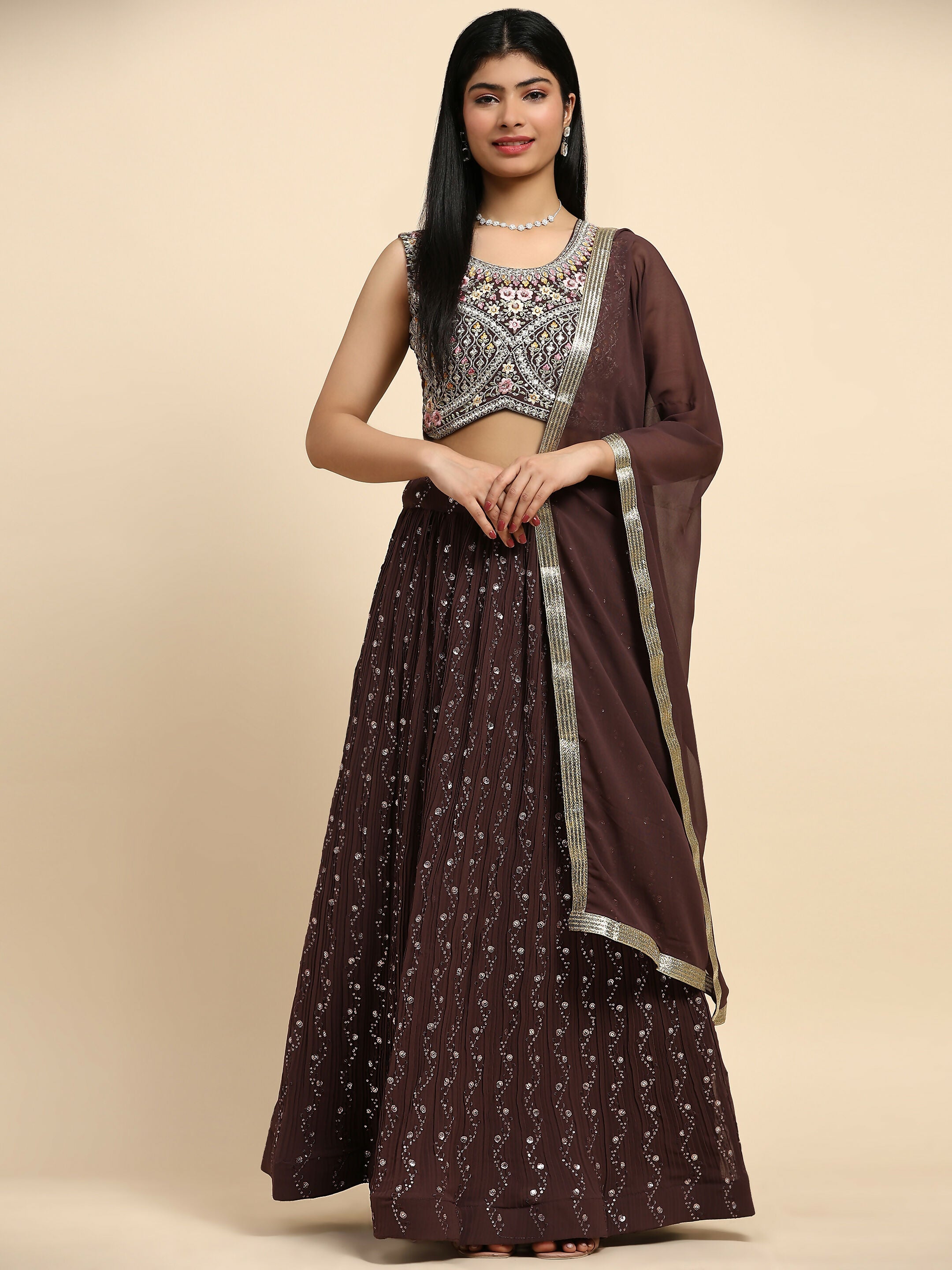 Brown Georgette Embroidered Lehenga choli with Dupatta - Dhara | Grocsy