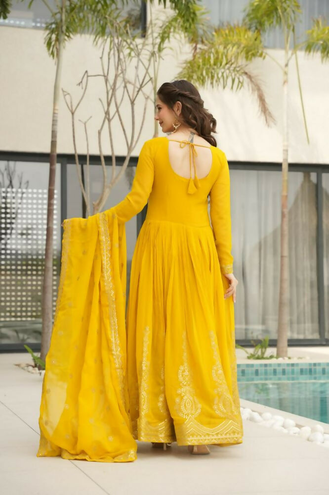 Vastranavya Yellow Faux Blooming with Embroidery Zari Sequins Work Gown | Grocsy
