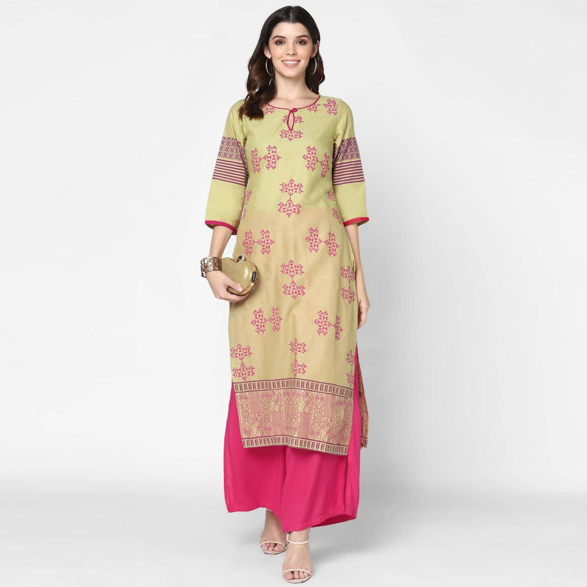 Cheera Hand Block Print Khaki Straight Kurta (MAAI-053K) | Grocsy