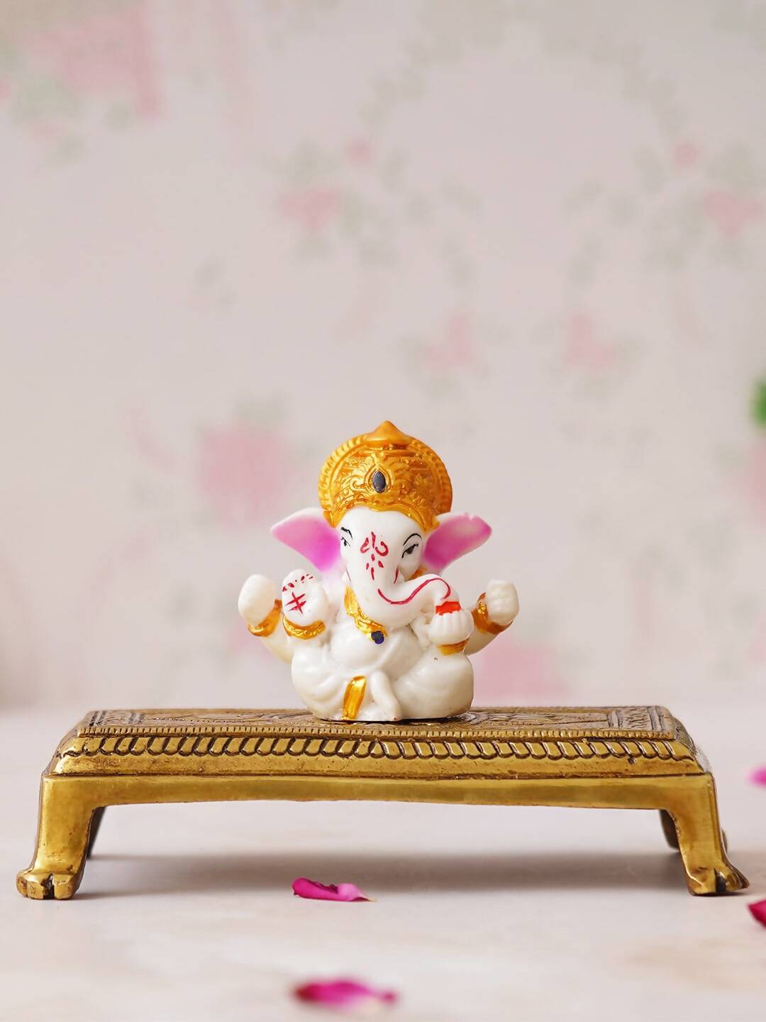 eCraftIndia Beige Lotus Flowers Engraved Pooja Chowki | Grocsy