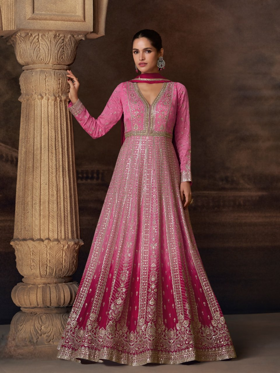 Anaita Pink Real Georgette Stitched Anarkali Suit with Embroidery & Sequence Work | Grocsy