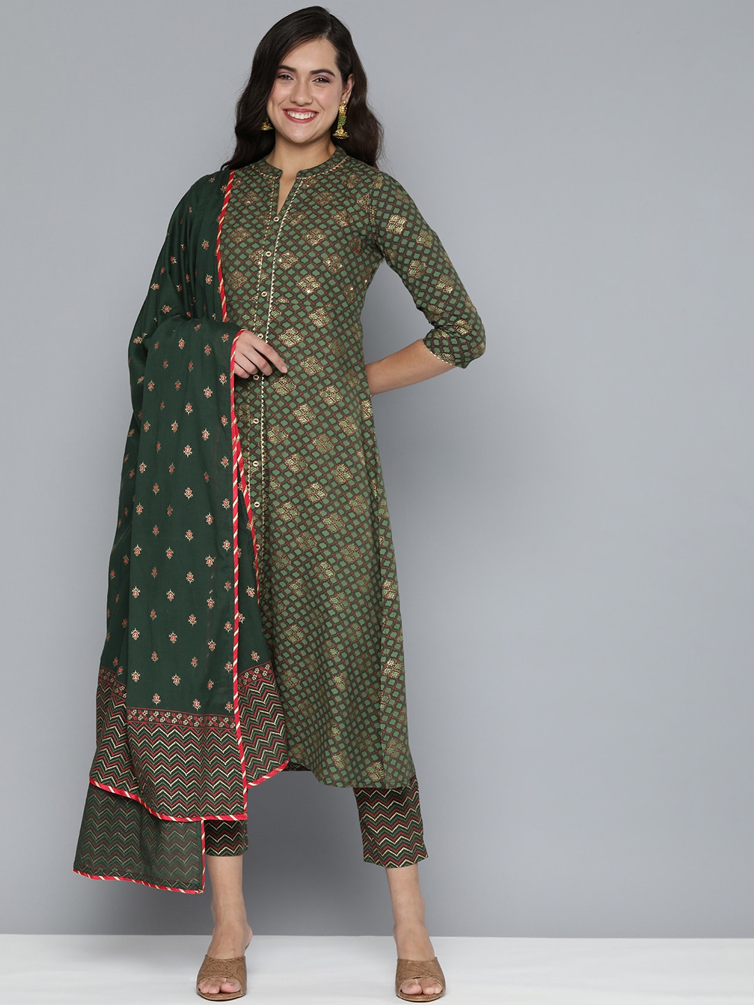 HERE&NOW Ethnic Motifs Printed Gotta Patti Pure Cotton Kurta With Trousers & With Dupatta | Grocsy
