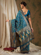 Sangria Blue Floral Woven Design Zari Kanjeevaram Saree | Grocsy