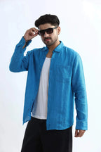 Xkind Blue 100% Pure Linen Button Down Casual Shirt | Grocsy