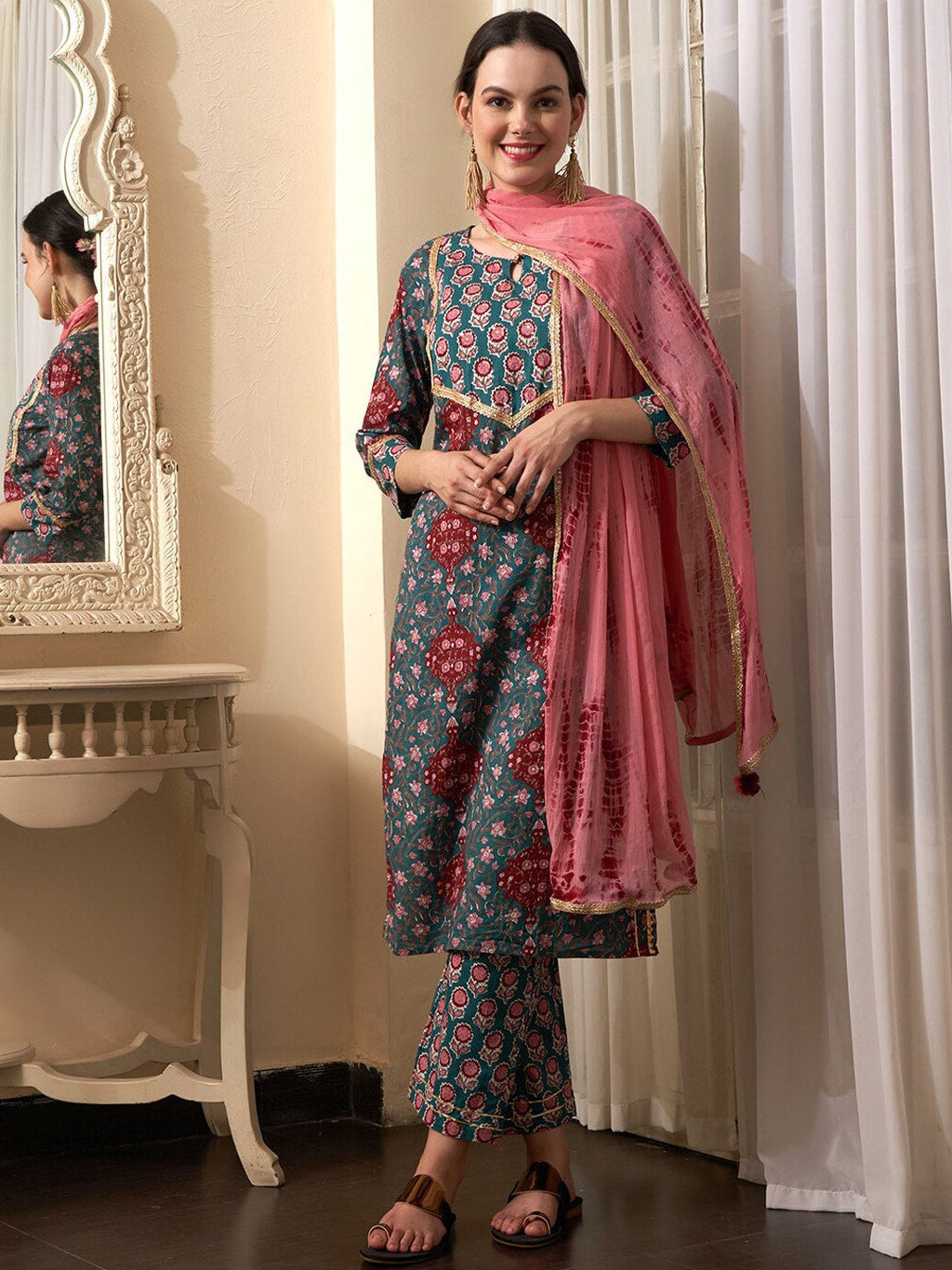 Sangria Teal Blue Floral Printed Gotta Patti Pure Cotton Kurta With Trousers & Dupatta | Grocsy