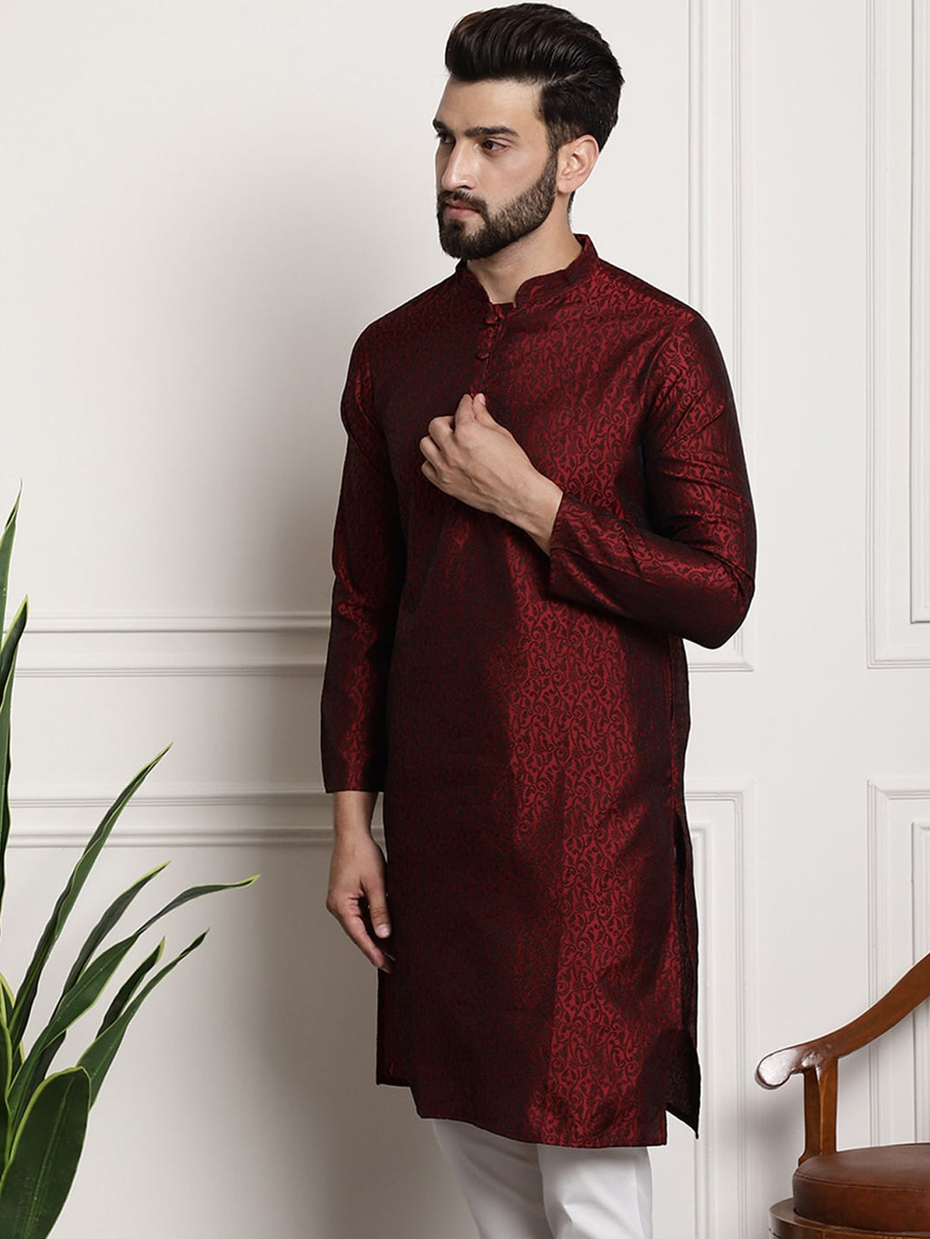 Sojanya Men Maroon Printed Straight Kurta | Grocsy