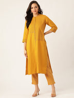 Sangria Women Mustard Yellow & Black Printed Kurta with Trousers | Grocsy