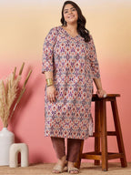 Sztori Plus Size Ethnic Motifs Printed V-Neck Crepe Straight Kurta | Grocsy