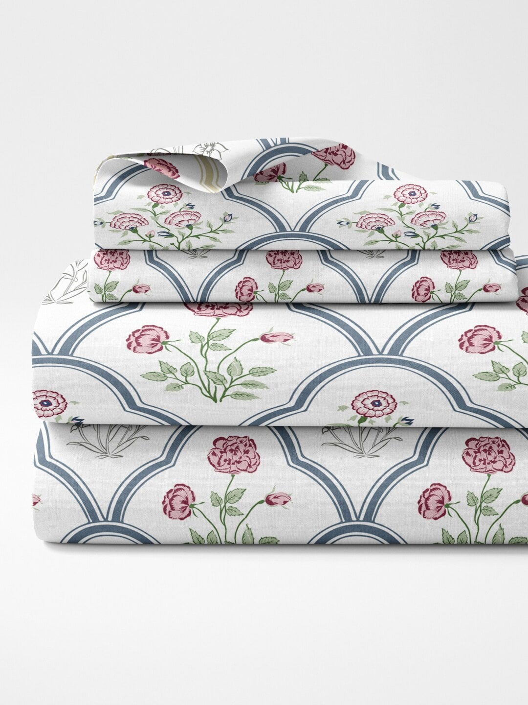 haus & kinder Blue & White Ethnic Motifs 186 TC King Bedsheet with 2 Pillow Covers | Grocsy