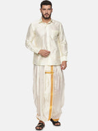 Sethukrishna Men Cream-Coloured & Gold-Coloured Solid Art Silk Dhoti Pants | Grocsy