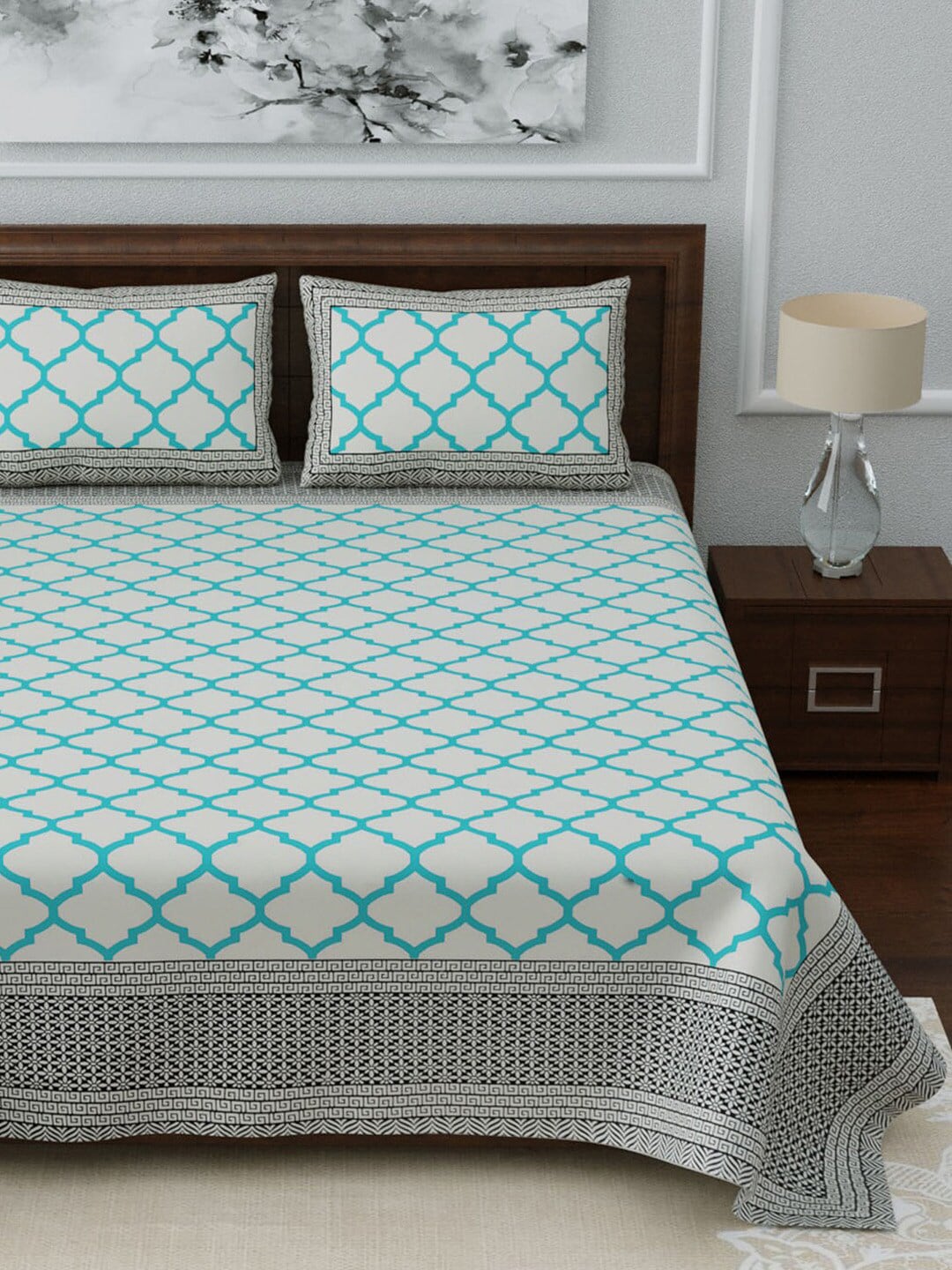 LIVING ROOTS White & Blue Printed 210 TC 1 King Jaipuri Bedsheet With 2 Pillow Covers | Grocsy