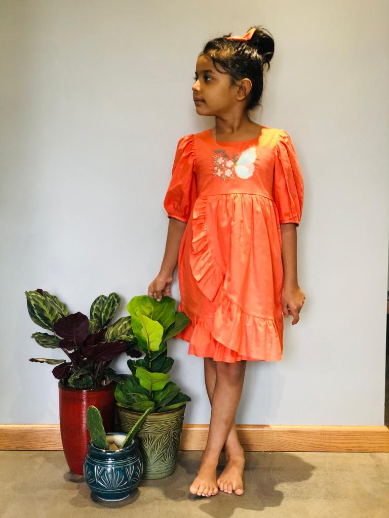 ArthLife Orange Butterfly Embroidered Dress | Grocsy