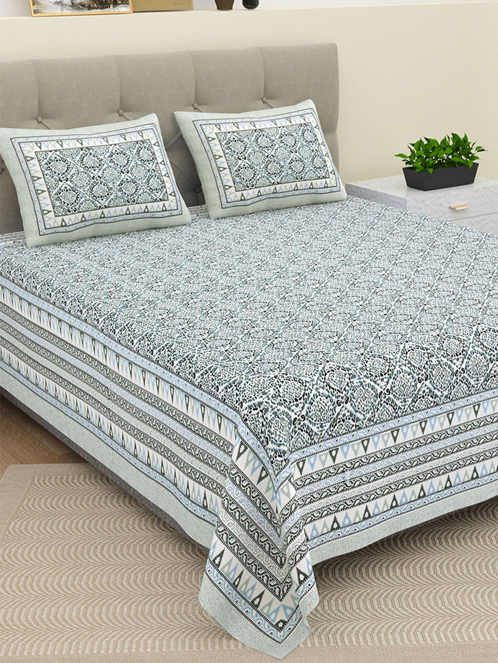 BELLA CASA Ethnic Grey & White Ethnic Pure Cotton 180 TC King Bedsheet & 2 Pillow Covers | Grocsy