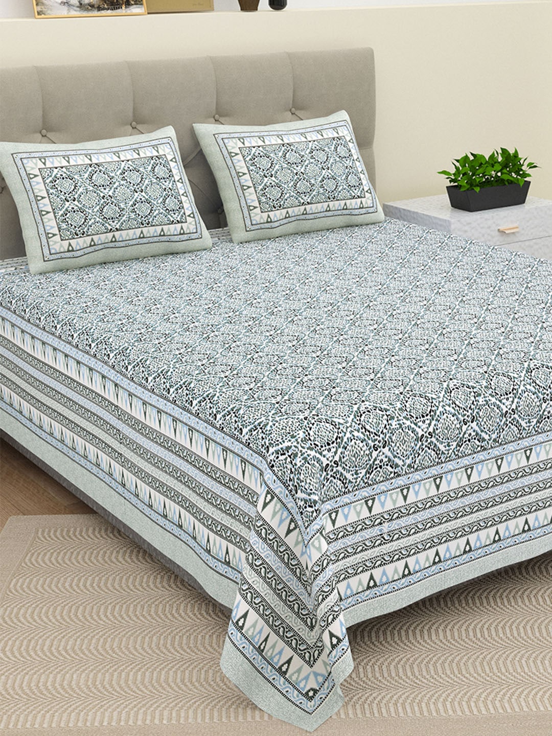 BELLA CASA Ethnic Grey & White Ethnic Pure Cotton 180 TC King Bedsheet & 2 Pillow Covers | Grocsy