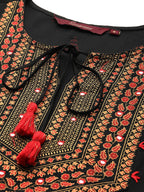 Sangria Floral Yoke Printed Mirror Work Kurta | Grocsy
