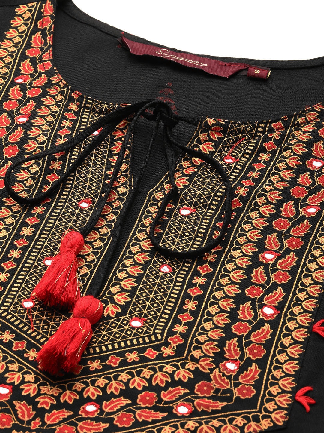 Sangria Floral Yoke Printed Mirror Work Kurta | Grocsy
