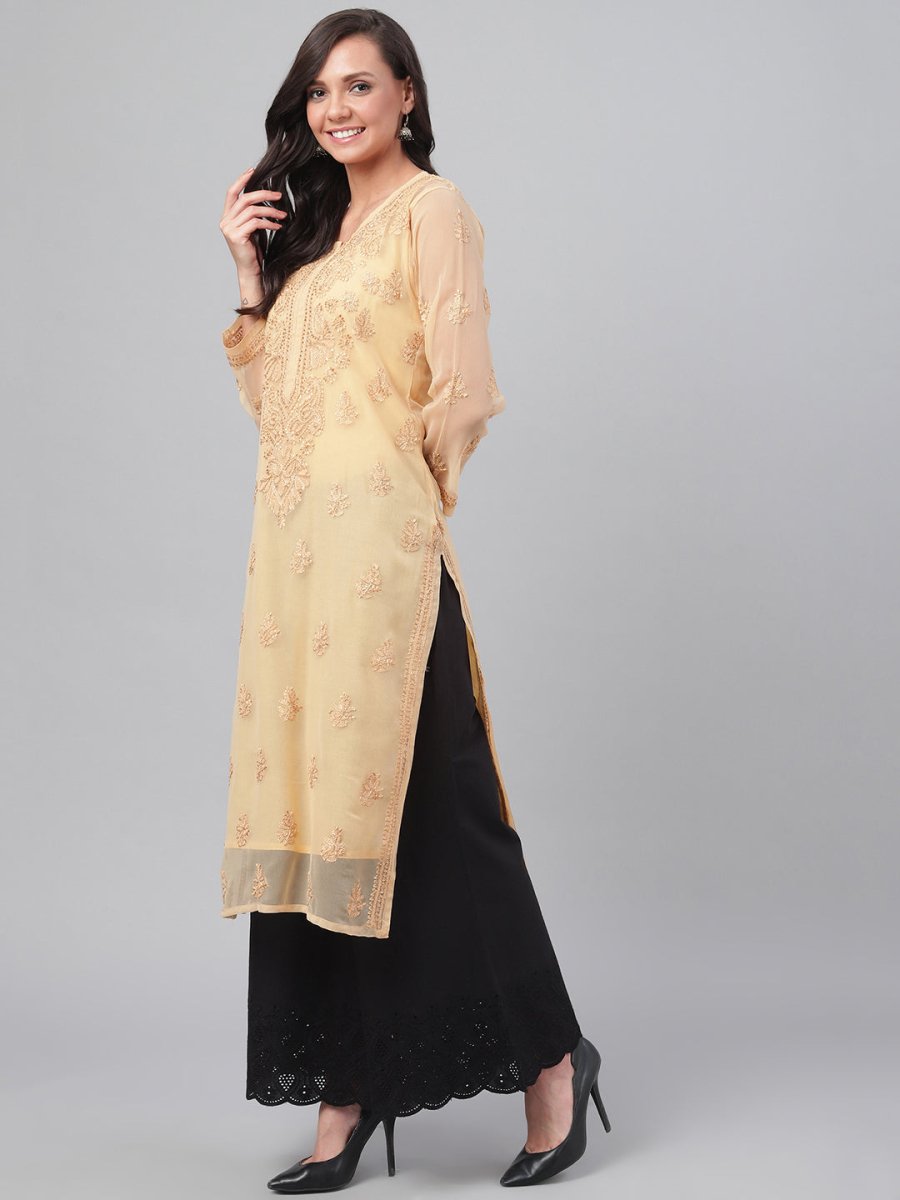 ADA Women Beige Chikankari Hand Embroidered Straight Sustainable Handloom Kurta With Slip | Grocsy