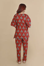 Breathables Women’S Loungewear Kaftan Cotton Red Geometric Print Co-Ord Set | Grocsy
