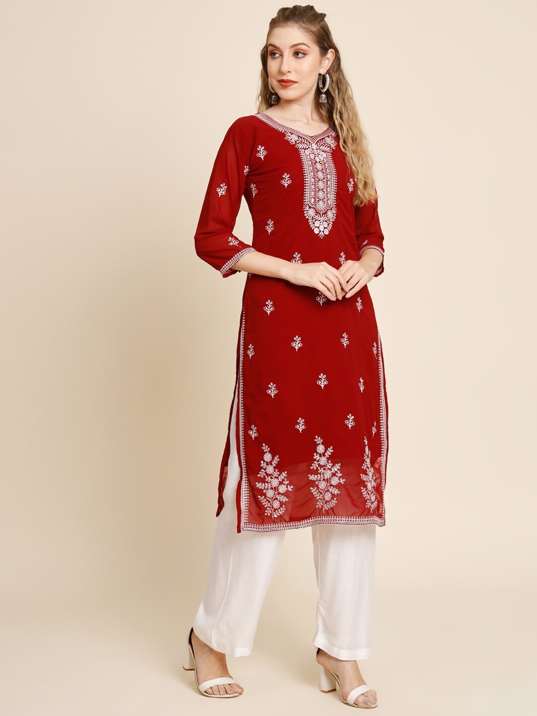 HERE&NOW Women Floral Embroidered Thread Work Georgette Kurta | Grocsy