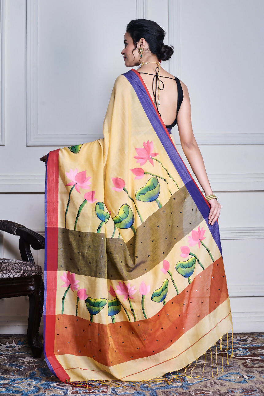 Morchari Multicolour Cotton Handloom Mirror Work Saree Unstitched Blouse | Grocsy