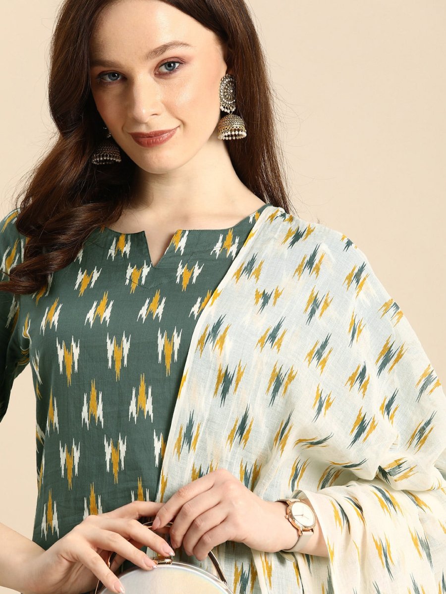 All About You Women Grey Ikat Printed Pure Cotton Kurta with Trousers & Dupatta | Grocsy