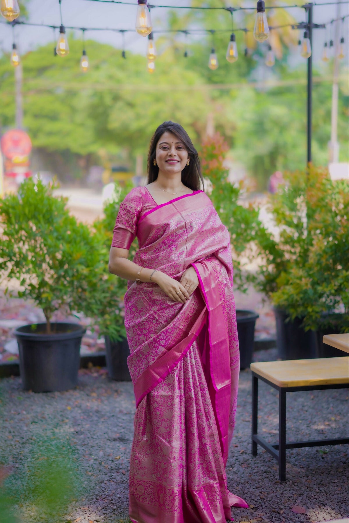 Prime Volt Bridal Kanchipuram Silk Saree with Rich Zari Weaving & Contrast Border-Pink | Grocsy