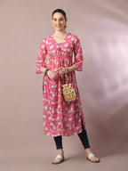Myshka Women's Pink Printed Georgette A-Line Nyra-cut Kurta | Grocsy