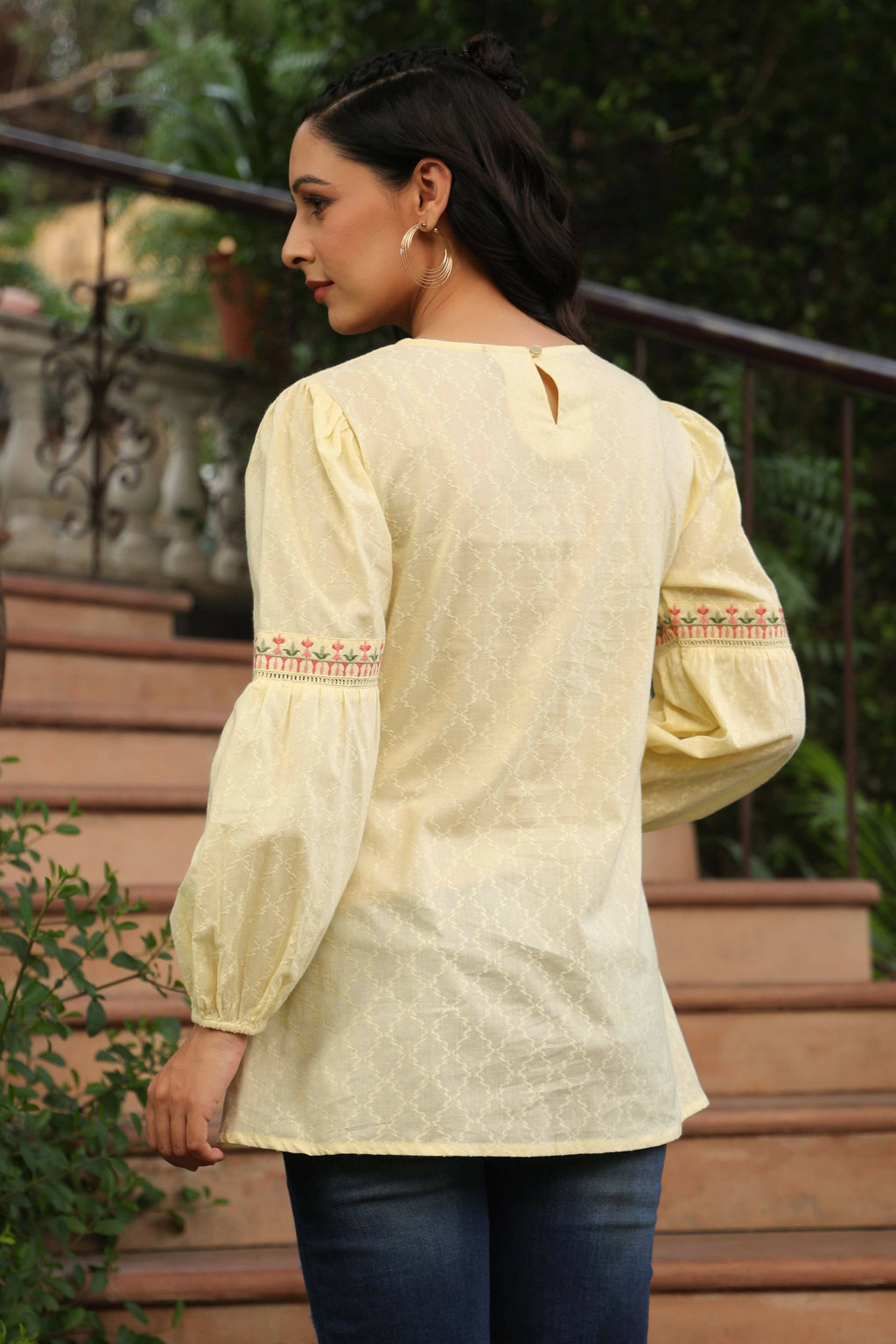 Juniper Women's Lemon Cotton Dobby Solid Embroidered Straight Tunic | Grocsy