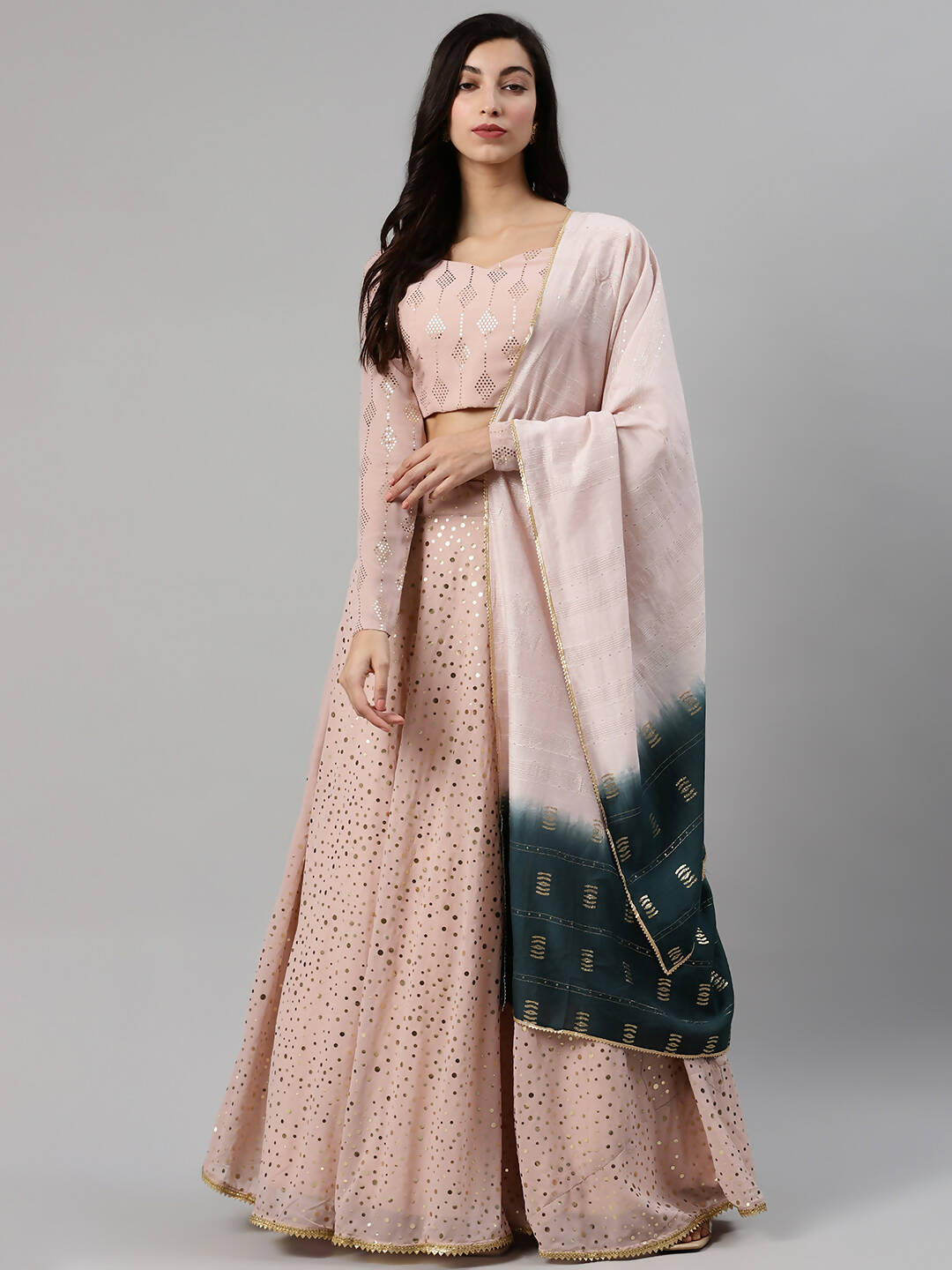 Dusty Pink Georgette Sequence Work And Glistening Embellishments Lehenga Choli with Dupatta - Jivika | Grocsy