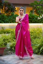 Vastranavya Pink Embroidery Work Shimmer Chiffon Saree with Unstitched Blouse | Grocsy