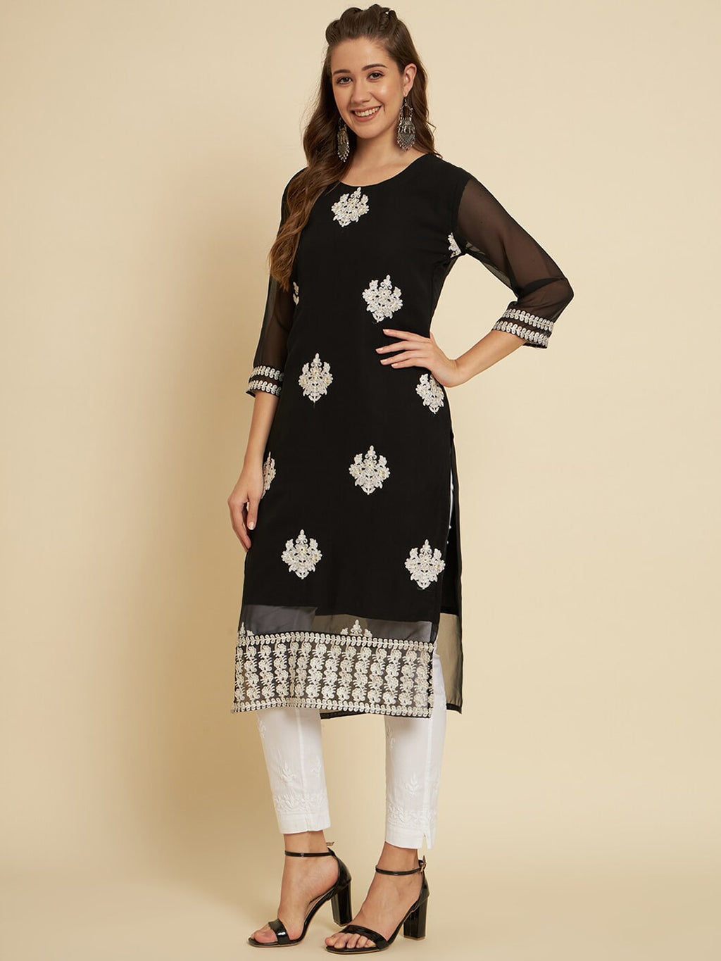 HERE&NOW Black & White Ethnic Motifs Chikankari Embroidered Georgette Kurta | Grocsy