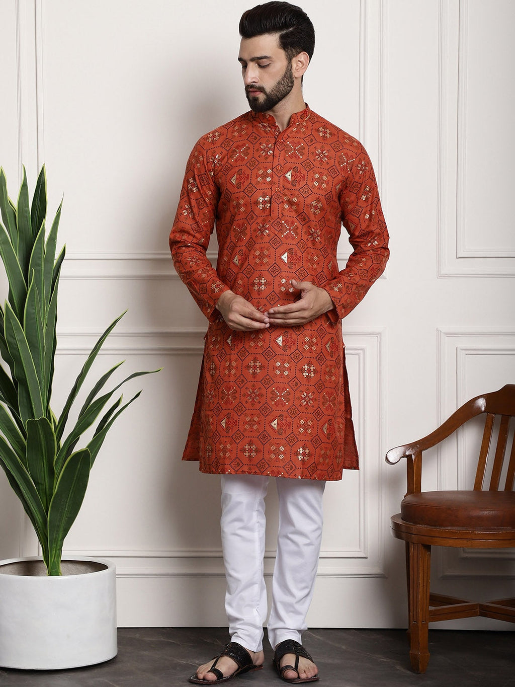 Sojanya Men Orange Printed Cotton Linen Kurta with Churidar | Grocsy