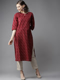 HERE&NOW Women Maroon & Off-White Printed Straight Kurta | Grocsy
