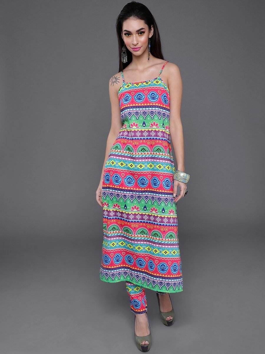 Aks Tribal Printed Shoulder Straps Kurta with Trousers | Grocsy