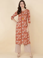 HERE&NOW Women Brown Floral Printed Sequinned Kurta with Trousers | Grocsy