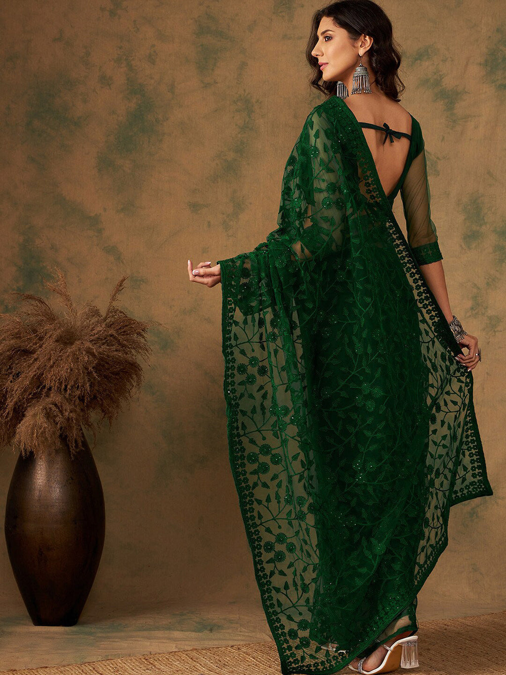 Sangria Floral Embroidered Net Sarees | Grocsy