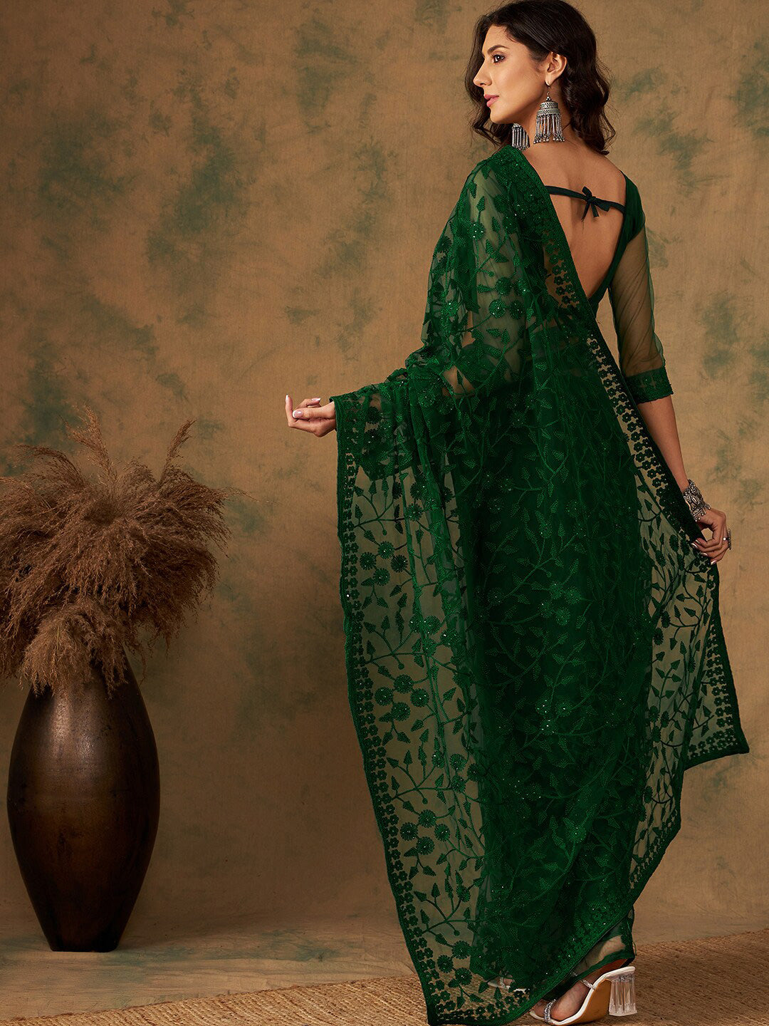 Sangria Floral Embroidered Net Sarees | Grocsy