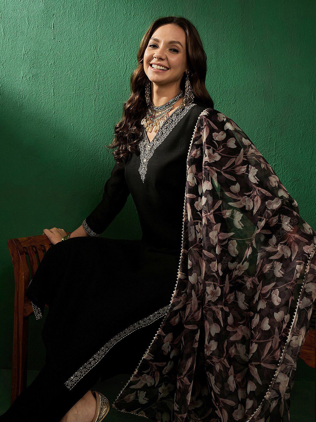 Sangria Floral Embroidered Straight Kurta With Trouser & Dupatta | Grocsy